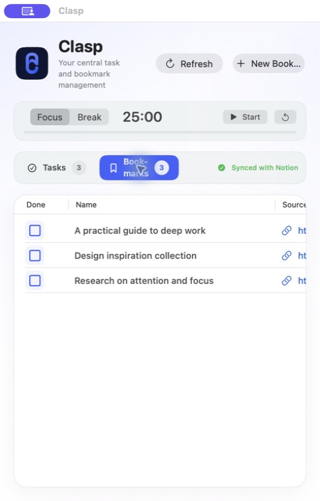 Clasp bookmark list with saved articles and their source links