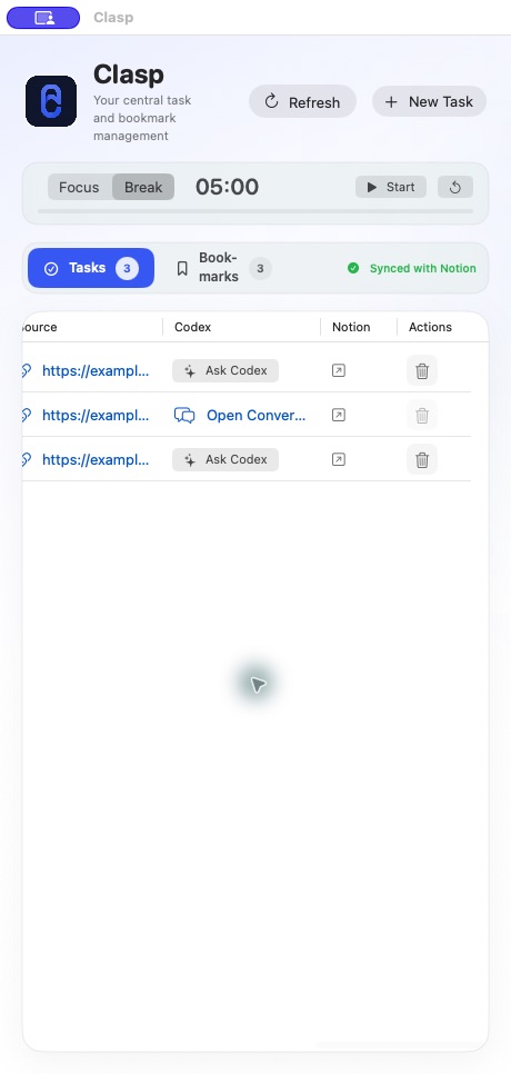 Clasp task table showing source links, Ask Codex controls, conversation progress, and Notion links