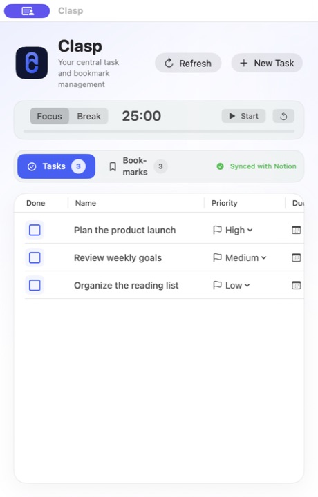 Clasp task list with priorities, due dates, Pomodoro controls, and Notion sync status