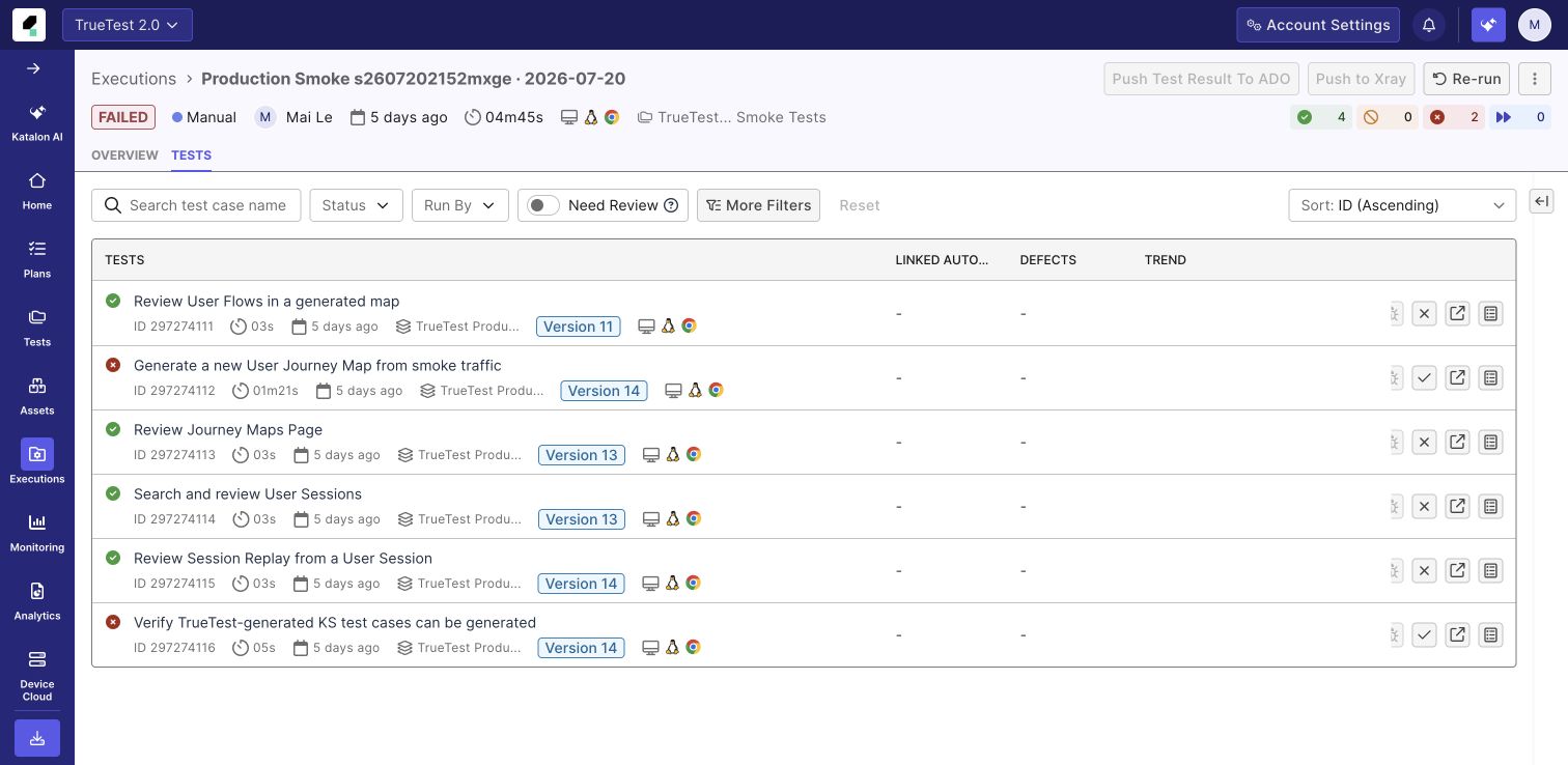 The Tests tab of a managed TrueTest smoke-test run in Katalon True Platform, showing the result of each case